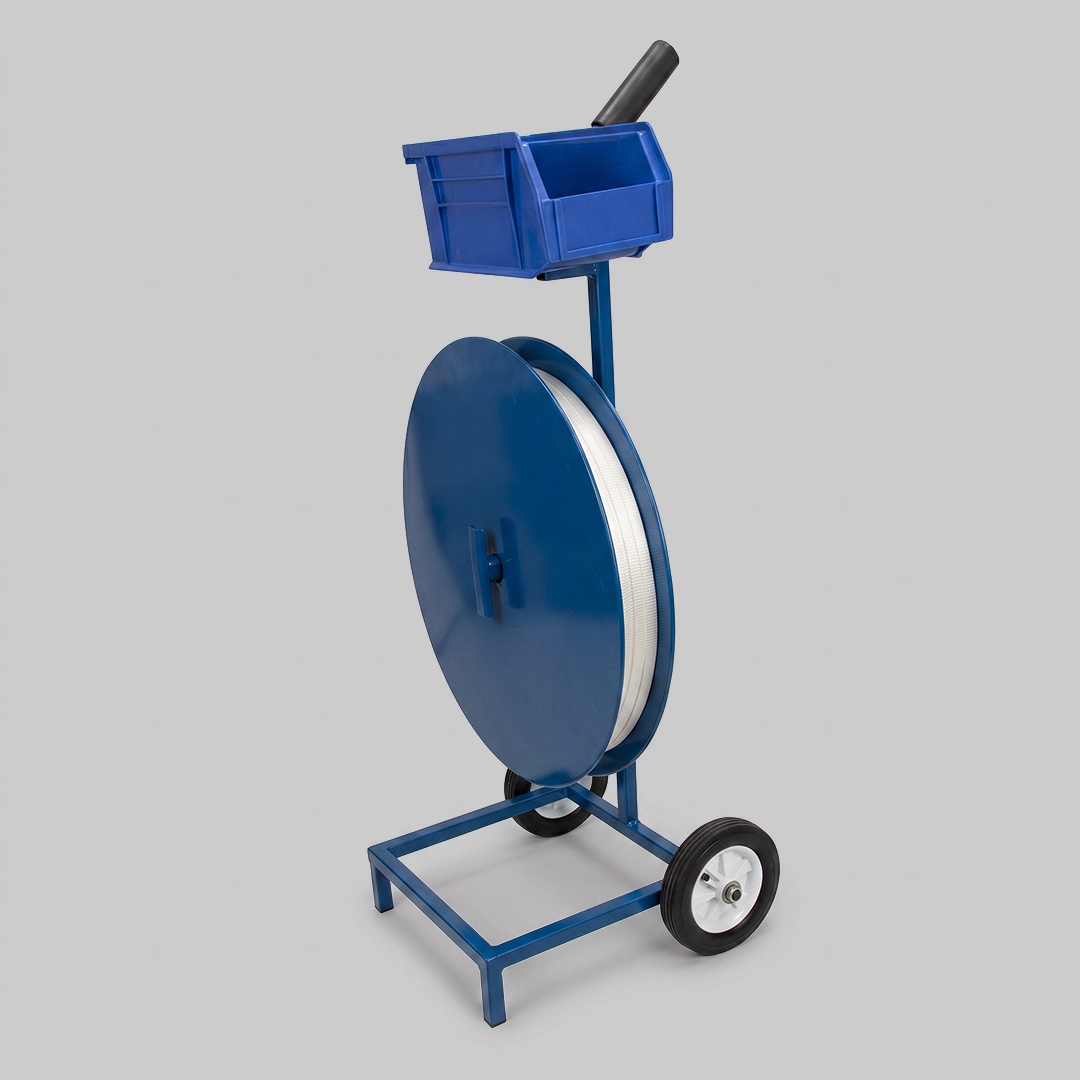 Mobile Polywoven Strap Dispenser Cart with Utility Tray — ZW Pack Solutions