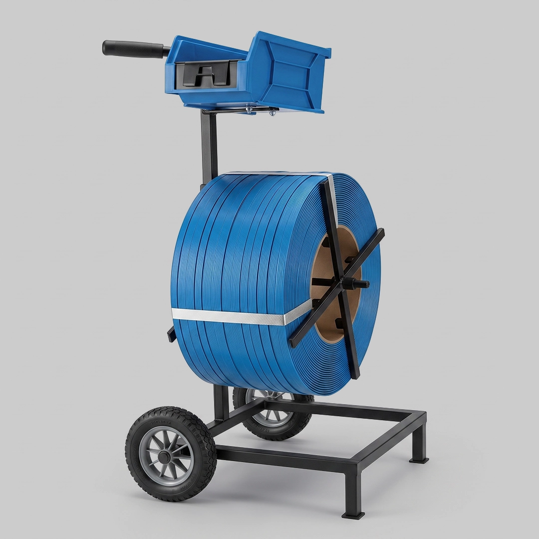 Mobile PP/Polywoven Strap Dispenser Cart with Utility Tray — ZW Pack Solutions