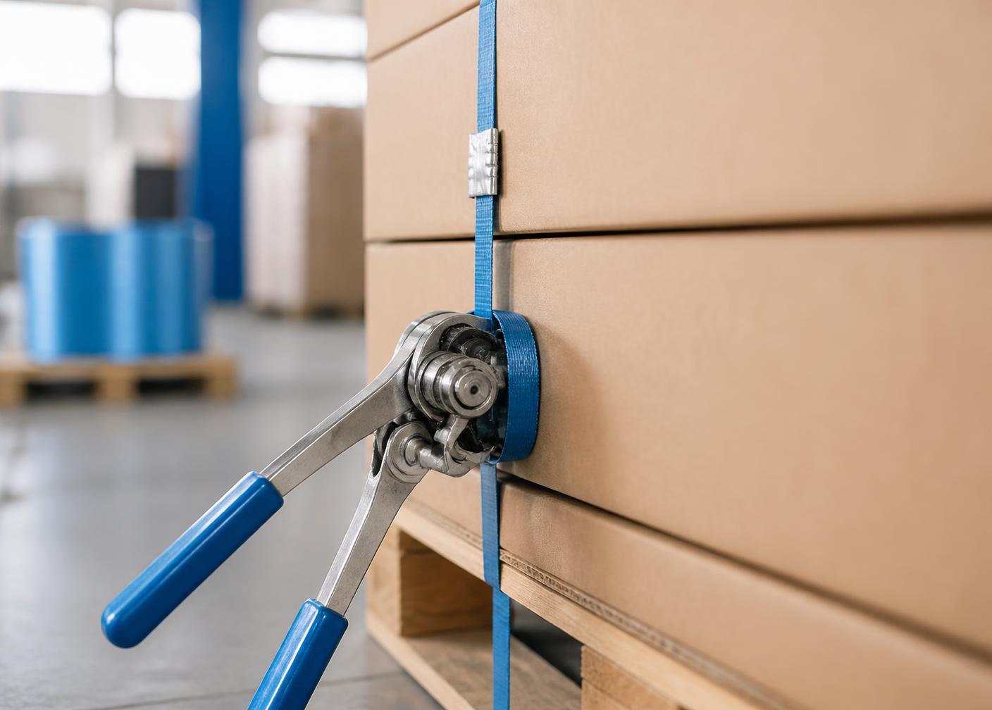 Blue strapping being tensioned around cartons on a pallet