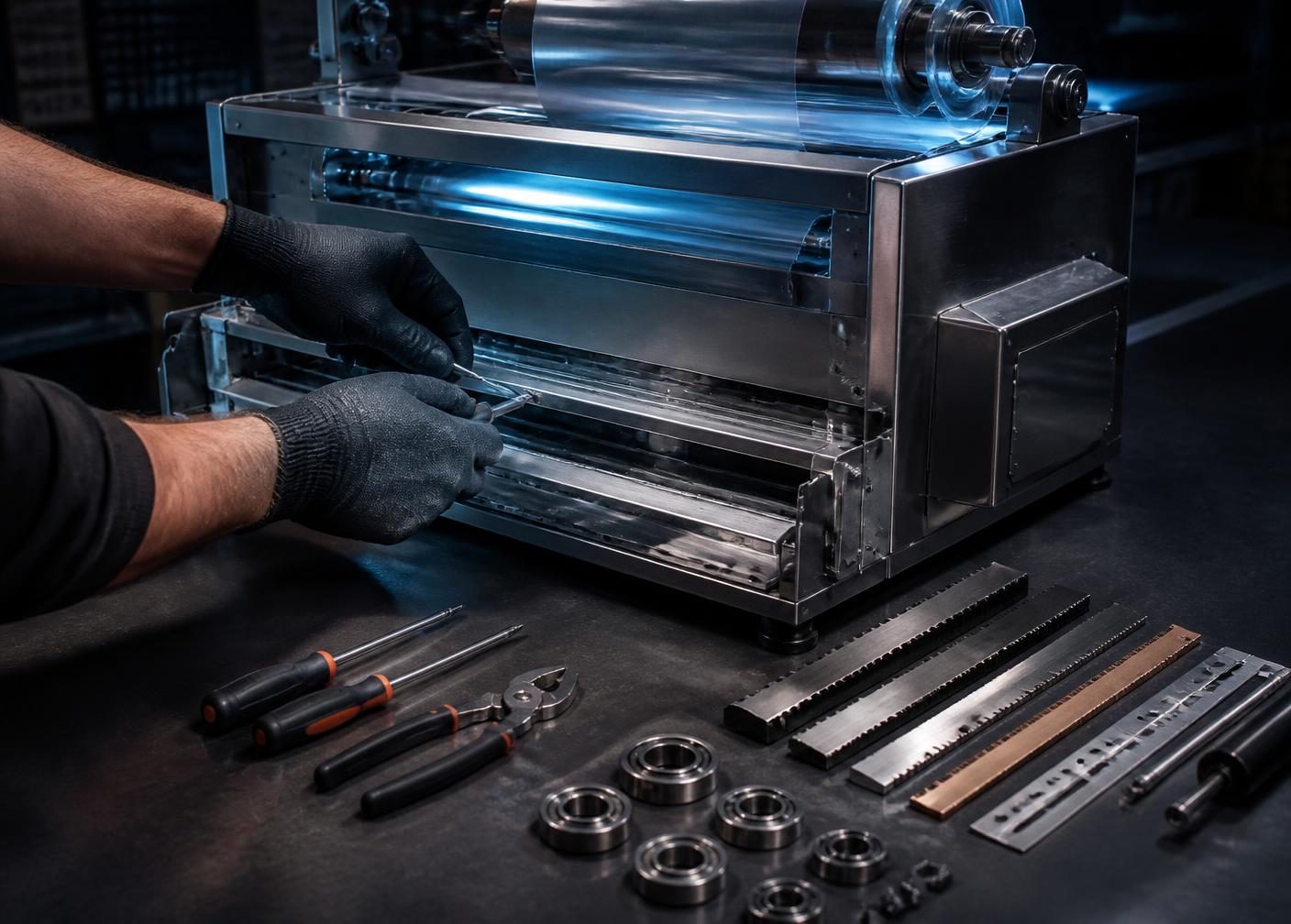 Technician servicing a packaging sealer with spare blades and bearings on a workbench